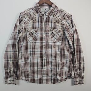 Pop Icon Clothing Buckle Mens Large Western Pearl Snap Plaid Embroidered Shirt